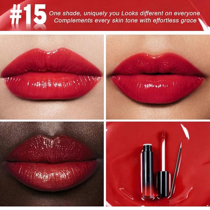 evpct Cool Ruby Red Shiny Glossy Longwear No-Budge Liquid Lip Color Lipstick Makeup, Highly Pigmented Color Instant Shine, Waterproof Long Lasting Lipstick Women, Lip Stain Gloss with Lip Liner Brush