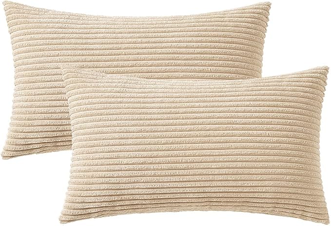 MIULEE Lumbar Soft Corduroy Throw Pillow Covers Set of 2 12x20 Beige | Decorative Striped Textured Cushion Cases, Boho Pillowcases Neutral Home Decor, for Couch Chair Sofa Bed Living Room
