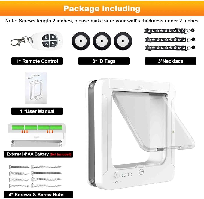 Smart Cat Door, Microchip Cat Door witmote Control, 4 Way Locking Cat Flap with RFID Collar Activated Automatic Opening CatDoor