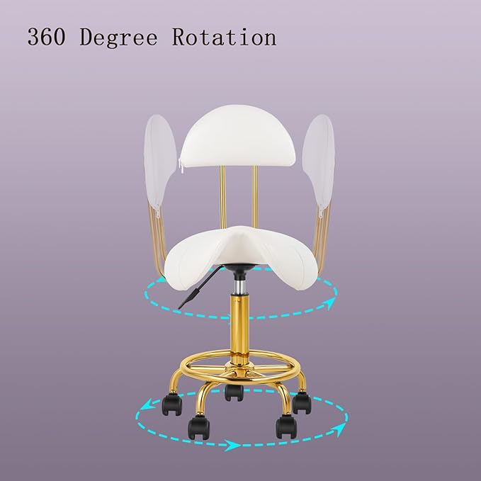 Saddle Chair Rolling Swivel Chair with Soft Comfortable Cushion and Wheels Hydraulic Stool for Home Office Tattoo Salon Shop Use White with Backrest