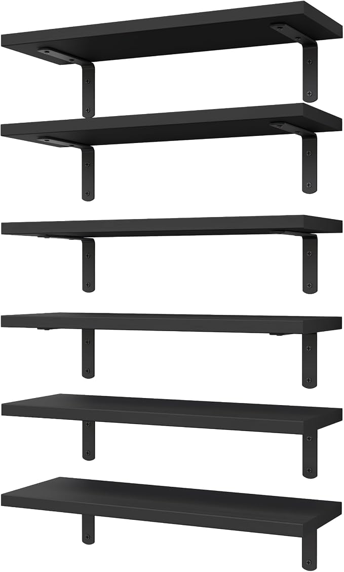Wood Floating Shelves Set of 6, Shelves for Wall Decor, Farmhouse Shelf for Bedroom, Bathroom Storage Shelves, Book Shelves for Living Room-Black
