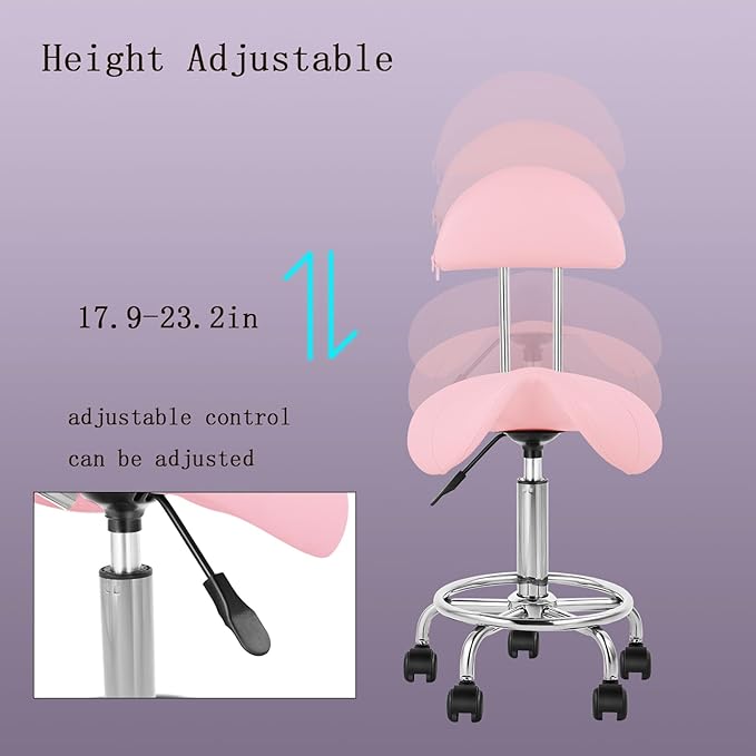 Saddle Chair Rolling Ergonomic Swivel Chair with Soft Comfortable Cushion and Wheels Hydraulic Adjustable Stool for Home Office Dental Tattoo Salon Shop Use with Backrest (Pinksilver)
