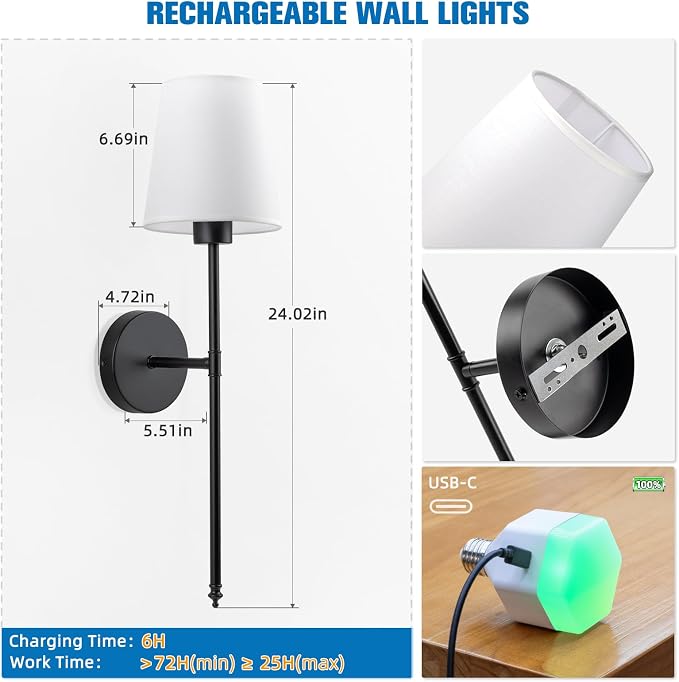 Battery Operated Wall Sconce Set of 2,Black Rechargeable Wall Lights with 10400mAh Dimmable Bulbs and Remote,10 Colors Wireless Wall Lamps for Bedroom Living Room Hallway Decor