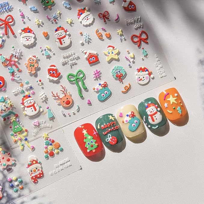 Christmas Nail Stickers for Nail Art, 5D Embossed Self-Adhesive Star Trees Bow Nail Decals, Mushroom Nail Supplies Nail Art Design Accessories for Women and Girls Manicure DIY Decoration
