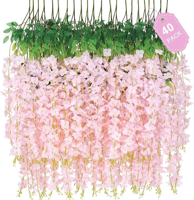 40Pcs Light Pink Wisteria Hanging Flowers,Fake Hanging Flowers | Hanging Flowers for Decoration, Vines for Bedroom,Flower Garland for Home,Party,Garden, Wall,Wedding Decoration(3.6 Ft/Pcs)