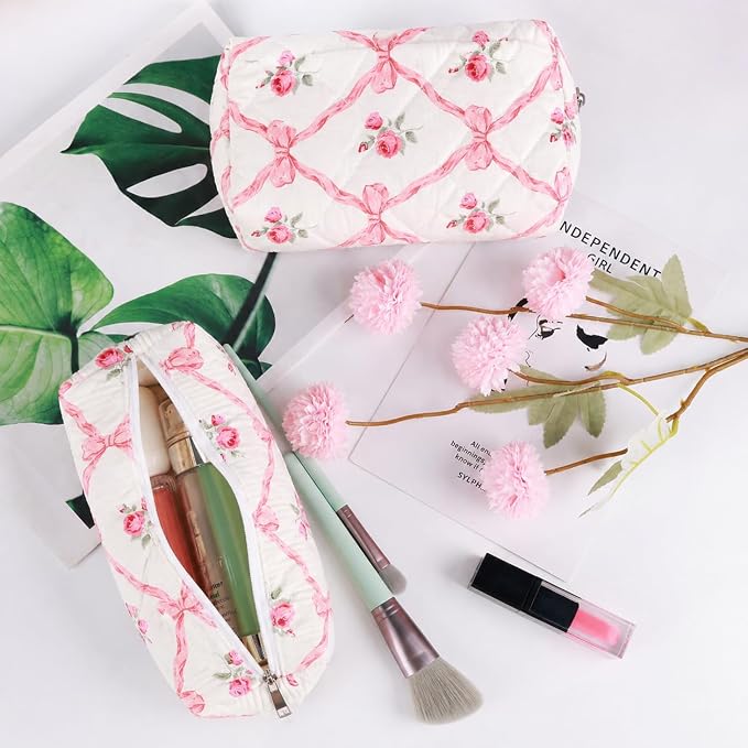 3 Pcs Makeup Bag Cosmetic Bag Set for Girls Women Travel Organizer Bathroom Toiletry Pouch Large Capacity Storage Bag（Pink Ribbon）