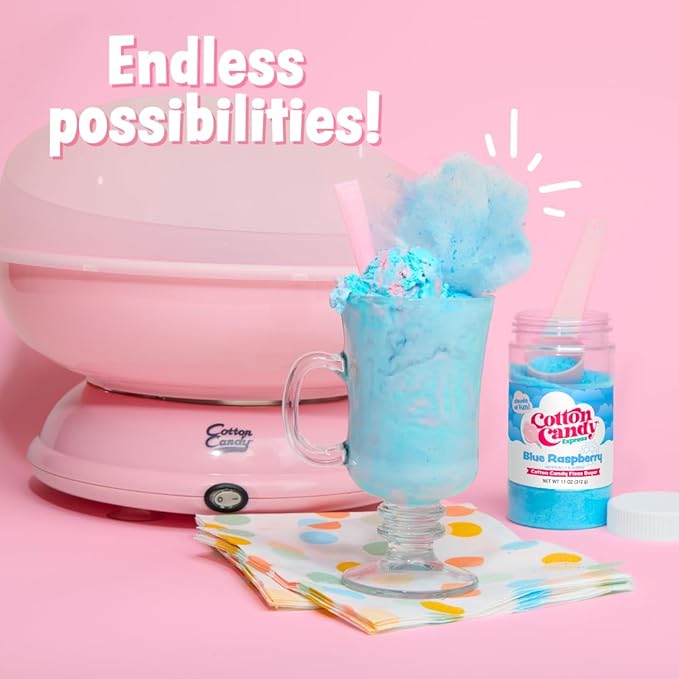 Cotton Candy Express Floss Sugar Variety Pack with 3 - 11oz Plastic Jars of Cherry, Blue Raspberry & Grape Flossing Sugars Plus 50 Paper Cotton Candy Cones