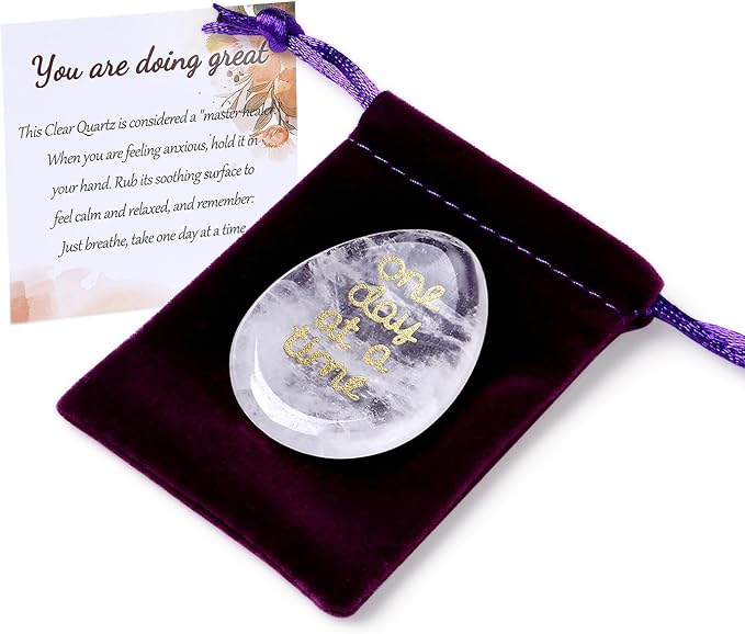 One Day at A Time Clear Quartz Thumb Worry Stone for Anxiety Crystals Hand Thumb Stones Pocket Thinking of You Gifts for women Inspirational Worry Stones for Stress Relief Sobriety Gifts for Her