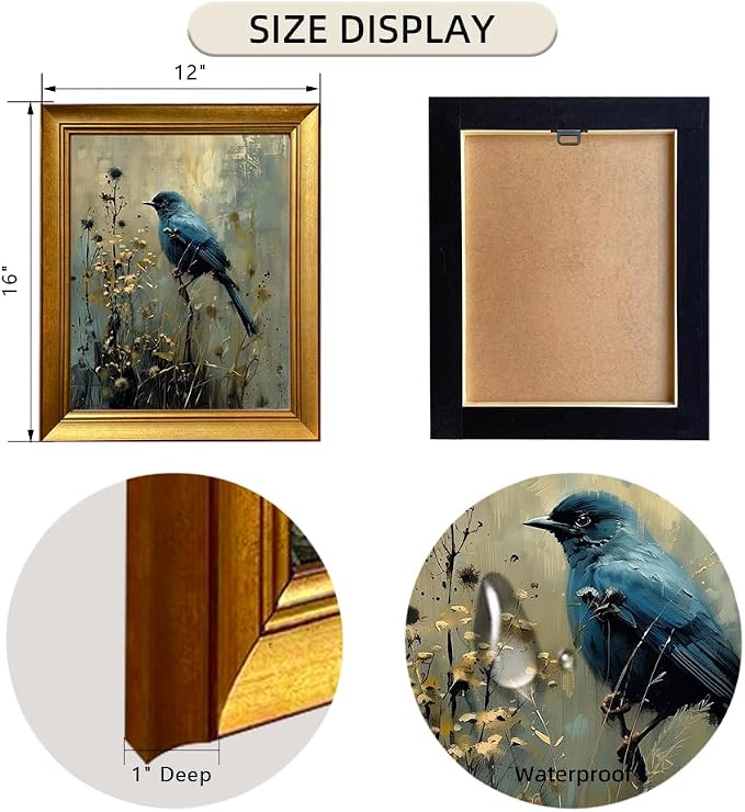 Vintage Blue Bird Painting Gold Framed Wall Art Dark Cottage Core Farmhouse Canvas Print Academia Gothic Aesthetic Moody Botanical Woodland Artworks for Bedroom Living Room Decor