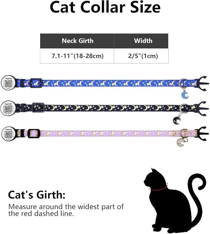 2PCS Breakaway Cat Collars with QR Code Bell Moons Stars Cute Kitty Adjustable Safe Kitten Collars with Pendant Glow in The Dark. Smart ID tag.Real-time scan alerts (Purple&Pink)