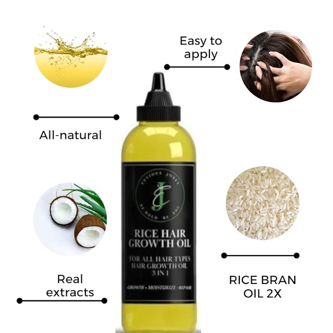 Rice Hair Oil 3 in1 growth moisturize repair alopecia edges beard hair loss hot oil treatments. for Hair Growth, Eyelashes and Eyebrows balding crowns bald spots 4oz fl