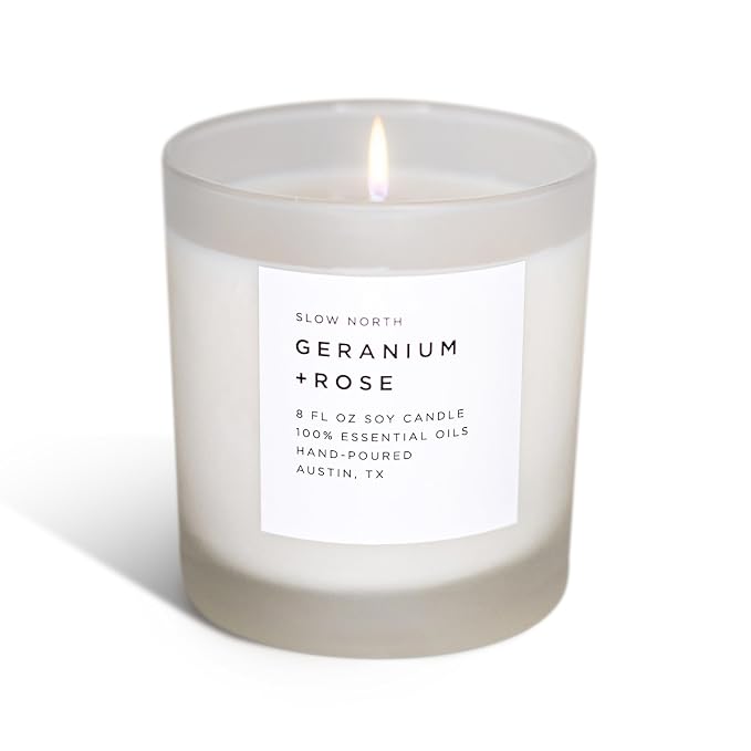 Slow North Geranium + Rose Candle - Essential Oils and Pure Soy Wax Candle in a Reusable Frosted Glass Jar - A Unique Scented Candle Hand-Poured in the USA (8 oz)