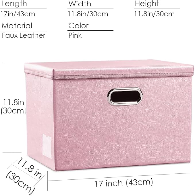 Large Stackable Storage Bins with Lids [3-Pack] Leather Fabric Foldable Storage Boxes Organizer Containers Baskets Cube with Cover for Bedroom Closet Office Nursery Pink (17.7x11.8x11.8)