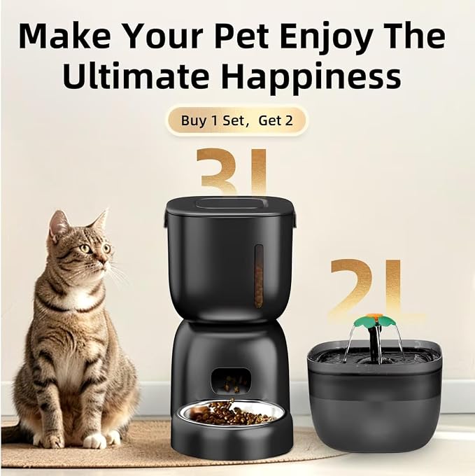 Casfuy 2-in-1 Automatic Cat Feeder & Water Fountain Set, Black, 3-L & 2-L