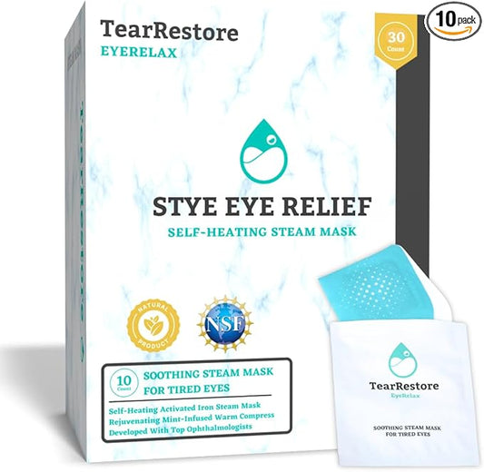 TearRestore EyeRelax for Stye Eye Relief & Dry Eyes. Heated Eye Mask with Moist Heat and Mint-Infused Steam. Self-Heating Warm Compress for Dry Eye, Blepharitis Relief & Overnight Comfort (10 Count)