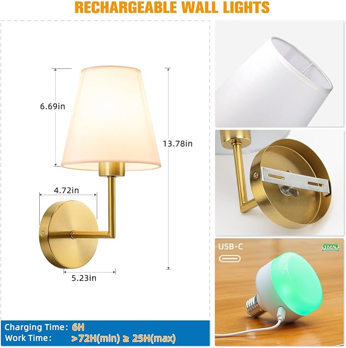 13.8 inch Battery Operated Wall Sconce Set of 2,Gold Rechargeable Wall Lights with 10400mAh Dimmable Detachable Bulbs and Remote,9 Colors Wireless Sconces for Bedroom Living Room Hallway