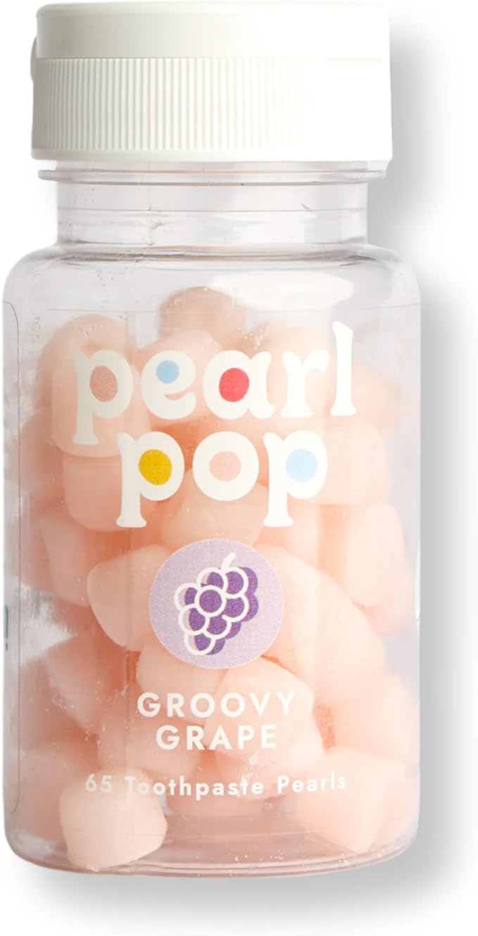 Pearl Pop Toothpaste Pearls, Chewy Fluoride Free Toothpaste for Kids & Adults, Stocking Stuffer, Mess-Free Travel Tooth Paste Alternative Made with Nano-Hydroxyapatite & Xylitol, Groovy Grape, 65ct