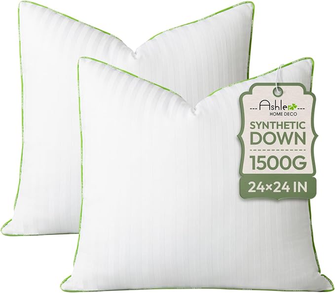 Ashler Home Deco Synthetic Down Pillow Inserts, 24x24 Down Alternative Throw Pillows Insert Sleeping Pillows with 100% Cotton Cover Decorative Pillow Stuffer for Sofa, Couch Bed(Set of 2, White)
