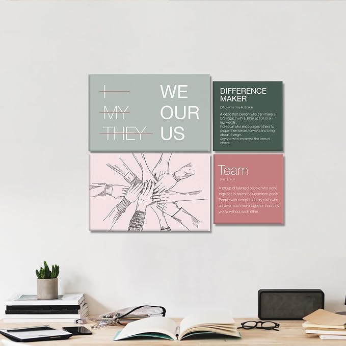 YEOION Motivational Office Wall Art,Inspirational Teamwork Wall Art for Office,Light Pink And Green Positive Teamwork Wall Decor for Workplace Set of 6