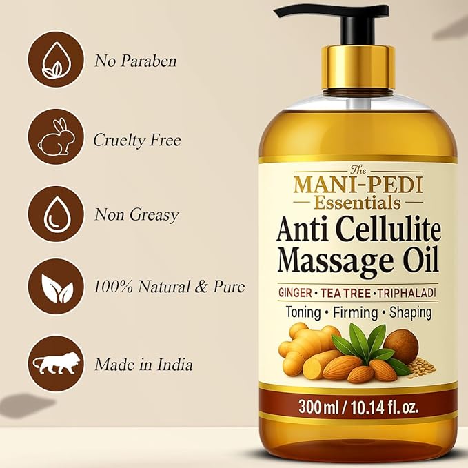 Anti Cellulite Massage Oil with Ginger Oil, Tea-Tree Oil & Natural Herbs for Toning, Firming & Shaping. 100% Natural Ingredients, Non-Sticky Texture - 10 Fl Oz