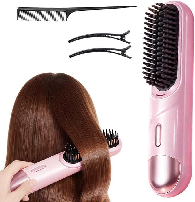 2026 Hair Straightener Brush, Cordless Hair Straightener Brush for Short Hair, Mini Portable Travel Straightening Hair Comb Brush with 4 Temps Fast Heating for Women, All Hair Types (Pink)
