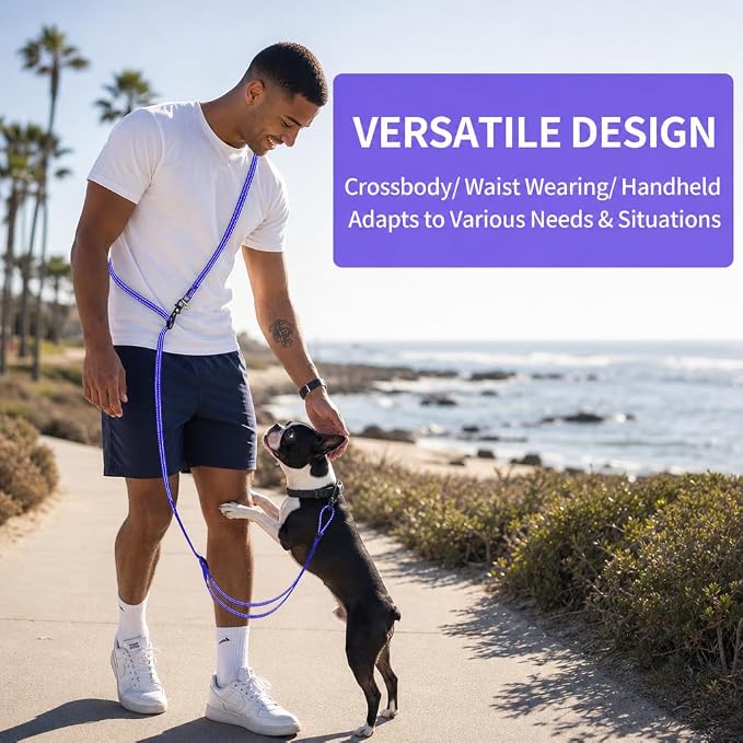 Kazazoo Hands-Free Dog Leash Adjustable Length 5-8 Ft,Crossbody & Waist for Dog Walking, Running for Small Dogs with Reflective Strips, Ballistic Nylon, Waist Belt, Lightweight Blue