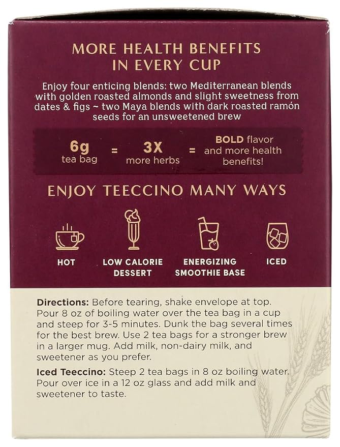 Teeccino Chicory Roasted Herbal Tea Sampler Pack (French Roast, Hazelnut, Vanilla Nut and Chocolaté), Caffeine Free, 12 Tea Bags (Pack of 2)