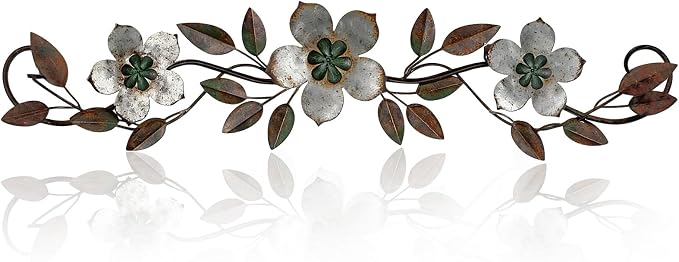 Wesiti Metal Flower Wall Decor Vintage Metal Flower Wrought Iron Scroll Sculpture 15.7''x3.7'' Not 3D, Flat Farmhouse Leaf Wall Decor with Nails for Summer Bedroom Kitchen Indoor Outdoor(Silver Gray)