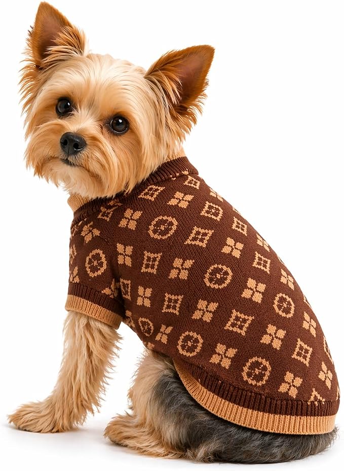 Dog Sweater for Small Dogs, Designer Dog Clothes, Luxury Chewy Pawtton Knit | Designer dog clothes for small dogs with soft knit comfort, luxury styling and easy pullover fit for Yorkies in cold weather.