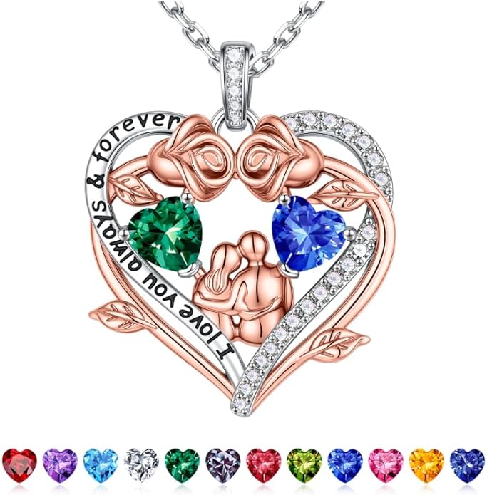 Iefil Valentines Gifts for Her Wife - 925 Sterling Silver Double Heart Birthstone Necklace, Anniversary Birthday Gifts for Women Wife Girlfriend