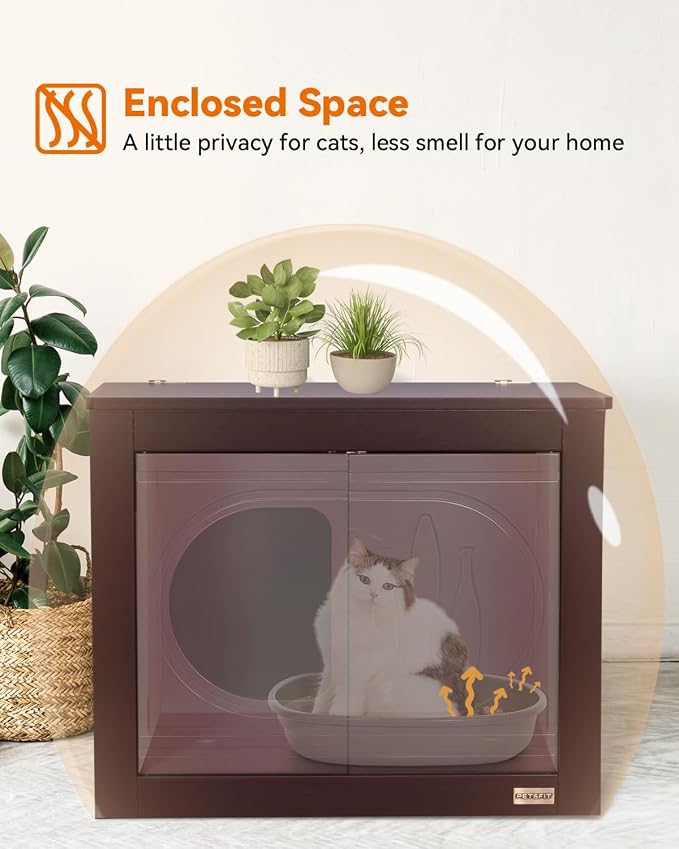 PETSFIT Cat Litter Box Enclosure, Unfold to Use, No Assembly Needed, Cat House & End Table, Fits Most Boxes (Espresso)