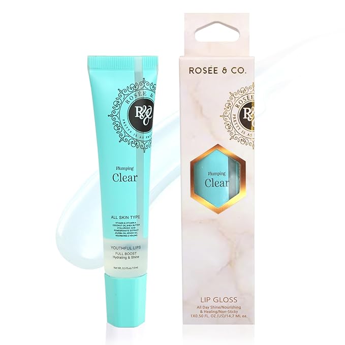 Rosee Lip Gloss Vegan & Cruelty Free Treatment, Professional Make up, Long Lasting Glossy with Shea Butter, Moisturize, Protect & Smooth, High Shine, Non-Sticky (b. Clear Plumping, 0.5)
