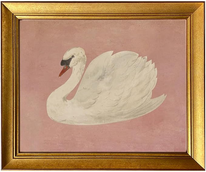 Vintage Gold Framed Wall Decor White Swan Canvas Print Farmhouse Pink Wall Art Cute Swan Painting Artworks for Girly Bathroom Decor Living Room Bedroom