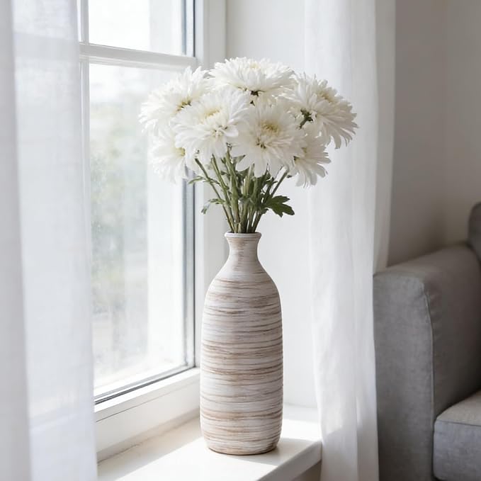 ALMA 10" Small White Ceramic Vase, Boho Flower Vases for Pampas Grass | Decorative Centerpieces with a Narrow Neck, Featuring Modern Coastal Style for Tabletops, Housewarming, Birthday Gift