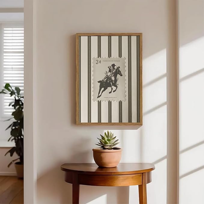 Vintage Western Wall Art Southwest Cowboy Wall Decor Pictures Mid Century Southwestern Striped Cowboy Riding Horse Poster Canvas Prints for Bedroom Living Room 16x24 inch Wood Framed