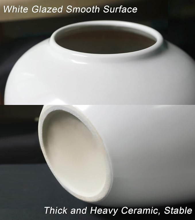 GeLive Short Round White Ceramic Vase Table Centerpiece Moon Jar Jingdezhen Handmade Pottery Vase Glossy Finish Planter Pot Waterproof for Fresh Dried Flower Home Decor Kitchen Utensil Holder