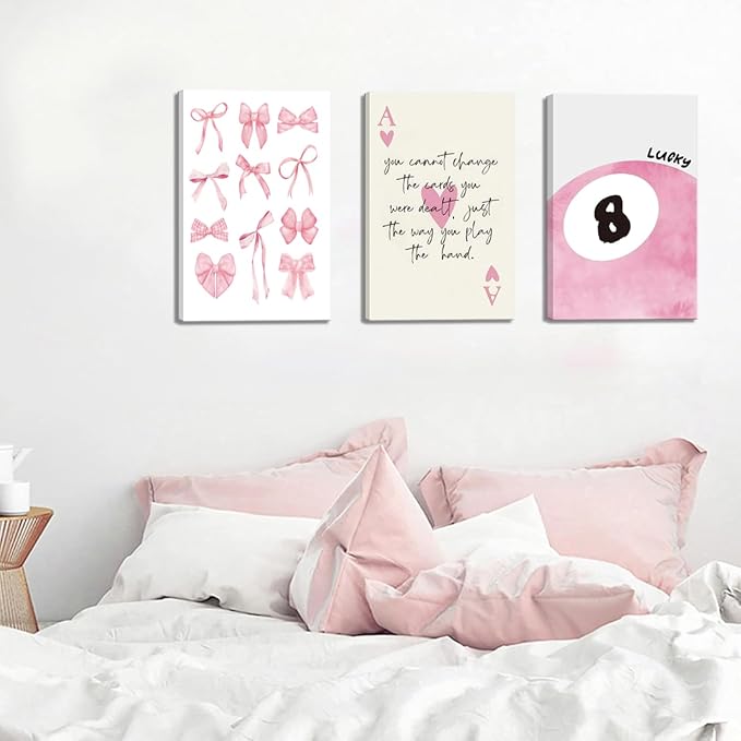 Trendy Pink Bows Canvas Wall Art Set of 3, Vintage Preppy Lucky 8 Ball Wall Decor, Pink Girly Room Aesthetic Posters Prints Painting for College Apartment Living Room Bedroom Framed 16x24 In