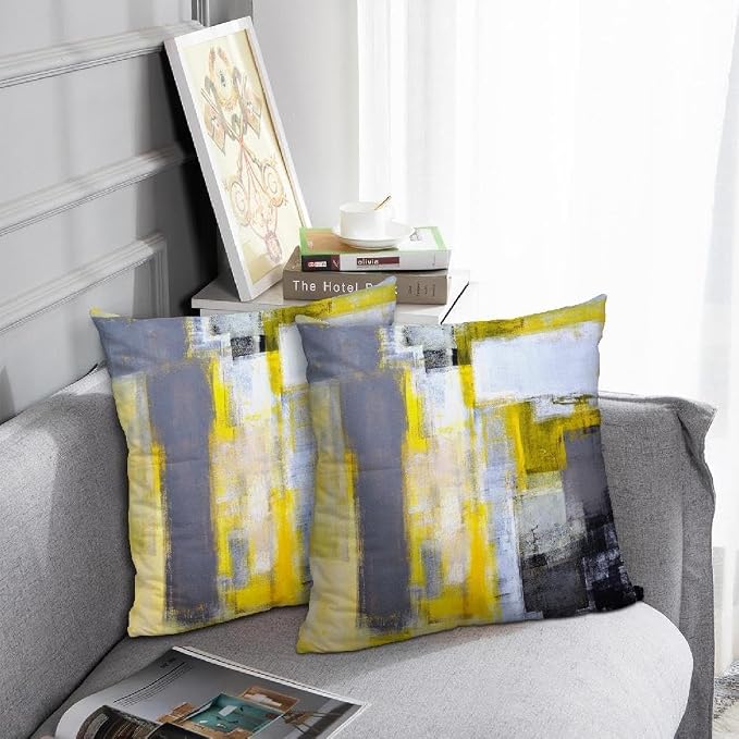 Yellow and Grey Abstract Art Artwork Pillow Cover, Gallery Modern Decorative Throw Pillows Cushion Cover for Bedroom Sofa Living Room 16 x 16 Inch Set of 2