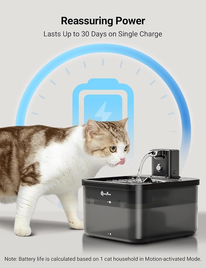 DownyPaws Cat Water Fountain Cordless, Pet Fountain, Black, 6 Filters | Wireless Cat Drinking Water Fountains for Cats Indoor, Fursink , Battery Operated, Motion Sensor, Ultra Quiet Pump, BPA-Free