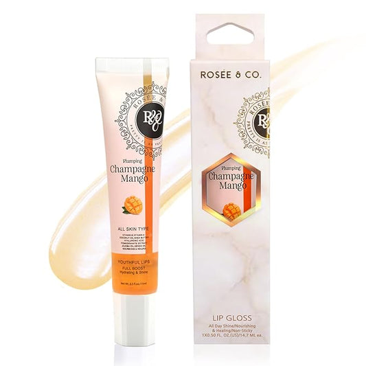 Rosee Lip Gloss Vegan & Cruelty Free Treatment, Professional Make up, Long Lasting Glossy with Shea Butter, Moisturize, Protect & Smooth, High Shine, Non-Sticky (q.Champagne Mango, 0.5)