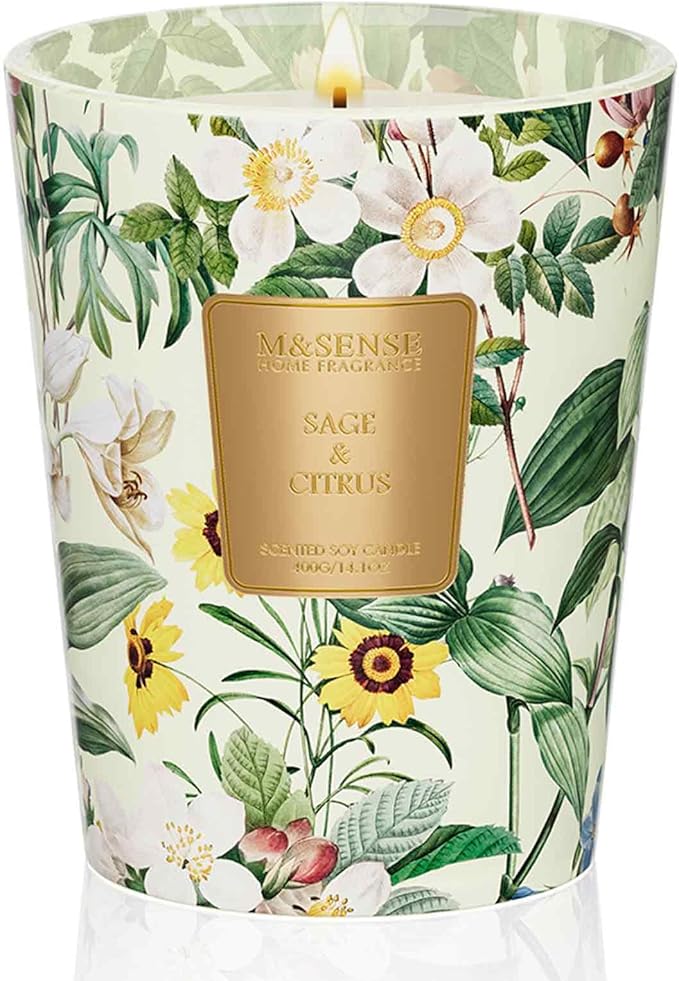 M&SENSE Sage Citrus Summer Scented Candle, 14.1oz Non Toxic Natural Soy Wax Candle for Home, 60 Hours Long Lasting Aromatherapy Candle for Stress Relief, Fresh Smelling Candle Gifts for Bathroom Decor