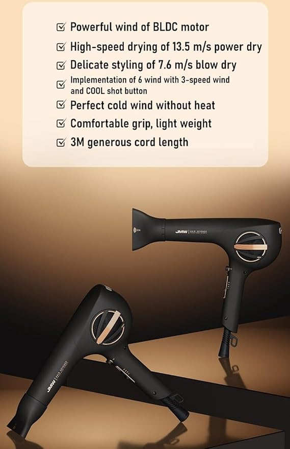 JMW Professional Salon Hair Dryer for All Hair Types_M7502A-1800W, Salon Quality, Powerful & Fast Drying BLDC Motor, Perfect Cold Wind