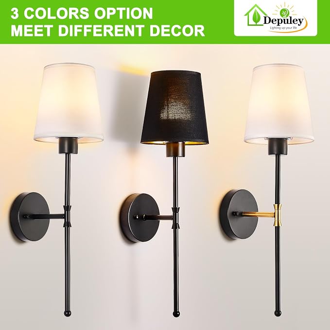 Depuley Battery Operated Wall Sconce: 24" Set of 2 Wireless Wall Lights with Remote for Bedroom - Rechargeable 15 Colors Black Wall Lamp for Living Room Hallway Home Decor