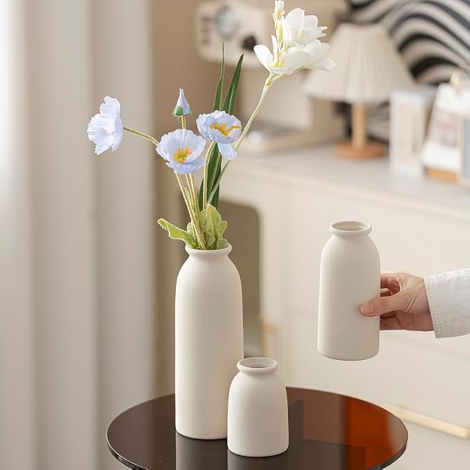 Ceramic Vase Set-3, Small Flower Vases for Decor, Modern Boho Farmhouse Style, Decorative Vases for Pampas Grass & Dried Flowers, Distressed Finish (Beige)
