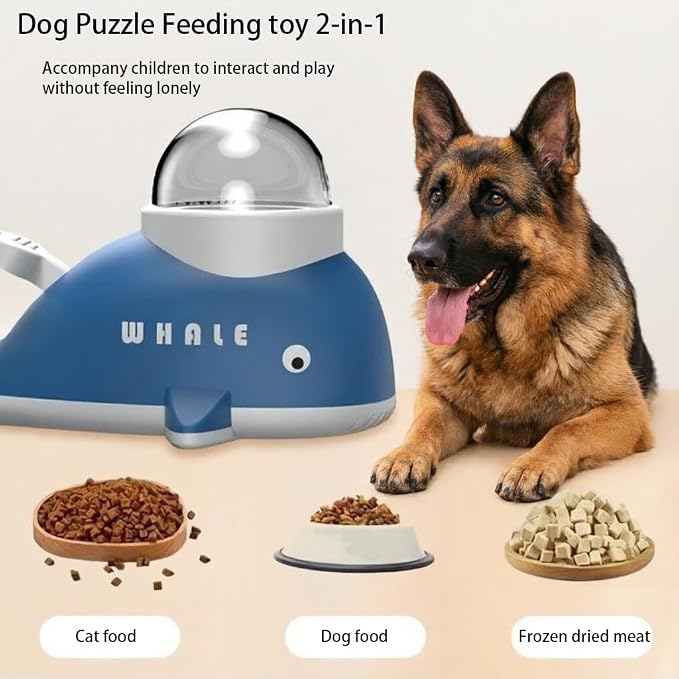 Interactive Dog Treat Dispenser Toy, Whale Shape Puzzle Feeder with Press Button and Rotating Design, White and Blue, Slow Feeding Game for Dogs and Cats