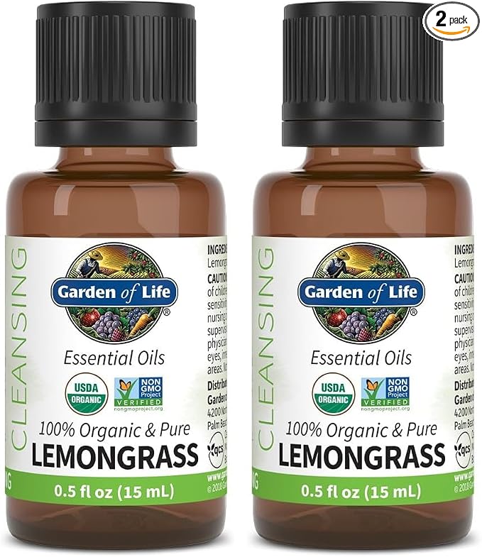 Garden of Life Essential Oil, USDA Organic & Pure, Clean, Undiluted & Non-GMO, for Diffuser, Aromatherapy, Meditation, Cleansing, Relaxing, Calming, Lemongrass, 0.5 Fl Oz (Pack of 2)