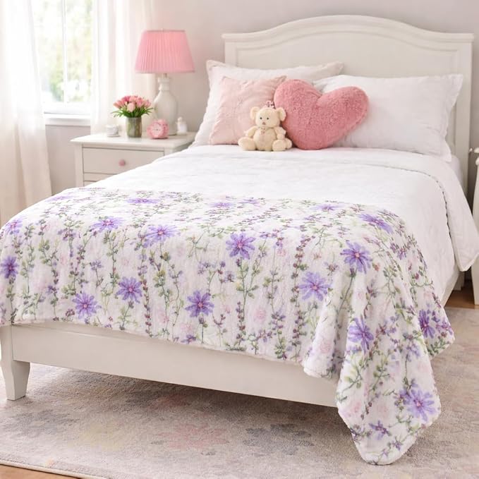 Spring Velvet Fleece Floral Throw Blanket: Wild Flowers of Pink Purple Green on a Colorful Soft Cozy White Design, Oversized 50" x 70"