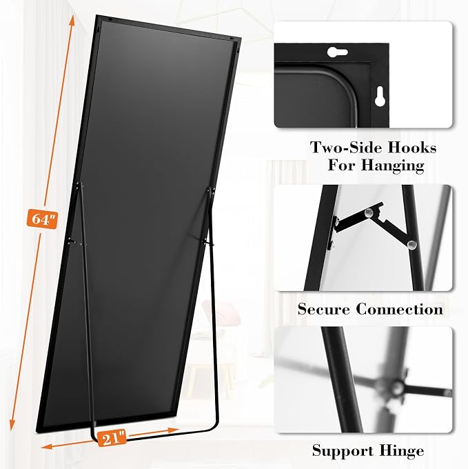 DUMOS 63"x20" Full Length Floor Mirror, Full Body Mirror | Free Standing or Wall Mount, Nano Glass Aluminum Frame, Hanging or Leaning, Modern Simple Home Decor, Black