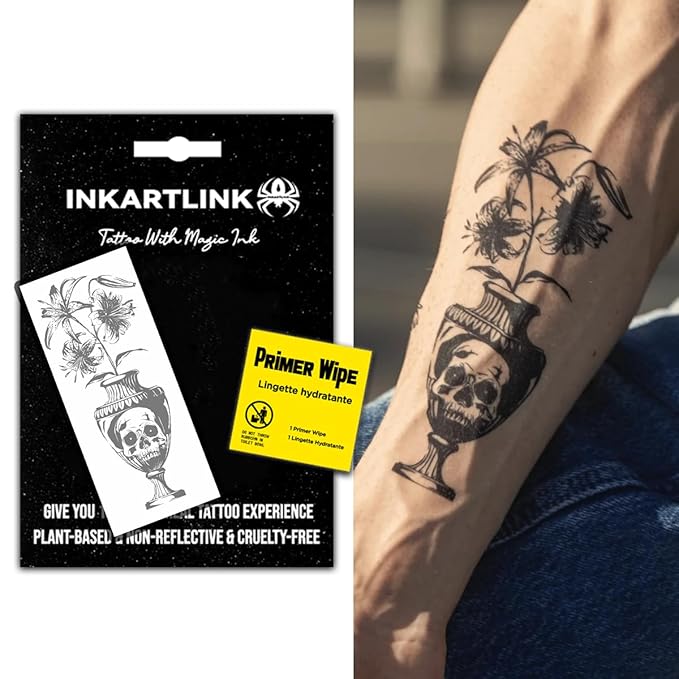 INKARTLINK Semi Permanent Tattoo, Temporary Tattoo, Beautiful and Realistic Design, Fun Tattoo Experience, Cruelty-free, Non-reflective, Waterproof (Skull Vase)