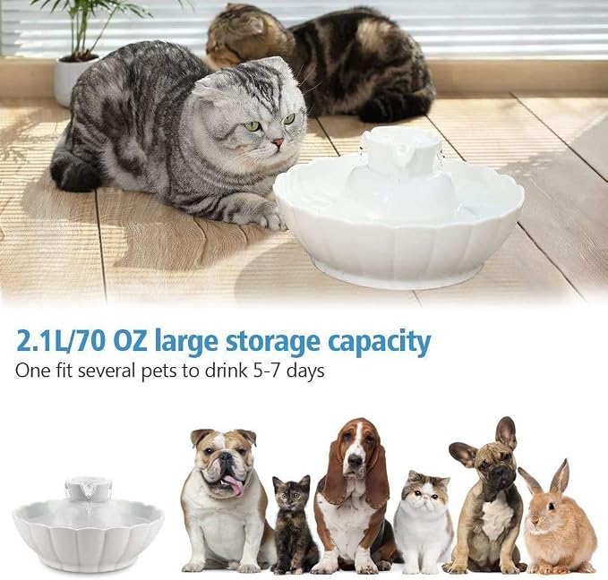 iPettie Tritone Ceramic Cat Water Fountain, Heavy-Duty Waterer for Pets | 2.1 Liters / 2.2 Quart Filtered Water Purifier with Replacement Filters and Foam, White